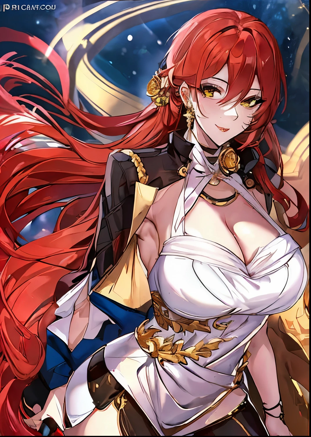 A woman with red hair and a white dress is holding a sword - SeaArt AI