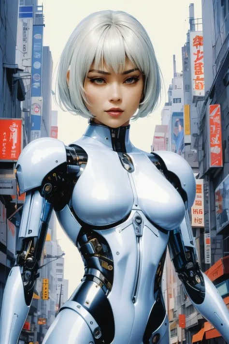 un primer plano de una mujer con un traje futurista en una calle de la ciudad, cyborg - girl, cyborg - girl with silver hair, ch...