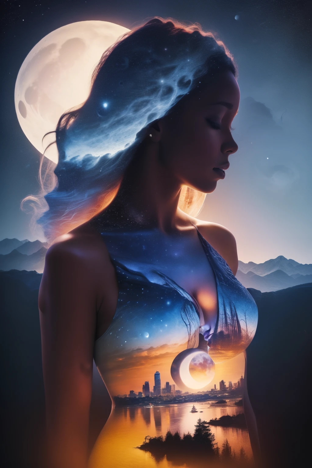 Ilustración fotorrealista de una chica afroamericana sola con piel oscura ((una luna solitaria en forma de corazón en su pecho)), pelo largo y negro lleno de estrellas galácticas, Ojos cerrados, oscurecer la silueta, ciudad celestial y noche estrellada de Vincent Van Gogh, 
bokeh, fondo degradado de color negro y azul, uhd, surreal, fractal, hermoso, obra maestra muy detallada