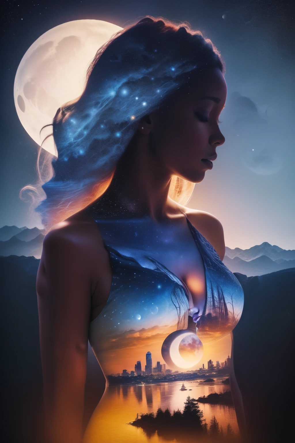 Photorealistic illustration of a Solo African American girl with dark skin ((a solo heart-shaped moon on her chest)), long black hair filled with galaxy stars, closed eyes, darken silhouette, heavenly city and starry night by Vincent Van Gogh, 
Bokeh, gradient black and blue color background, uhd, surreal, fractal, beautiful, high detailed masterpiece