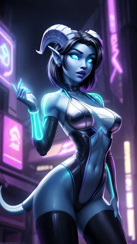 ((ultra quality)), ((masterpiece)), girl - draenei, world of warcraft, ((black short bob hair)), (earrings in the ears), (there are draenei neon horns), (beautiful cute face), (beautiful female lips), charming, ((sexy facial expression)), looks at the came...