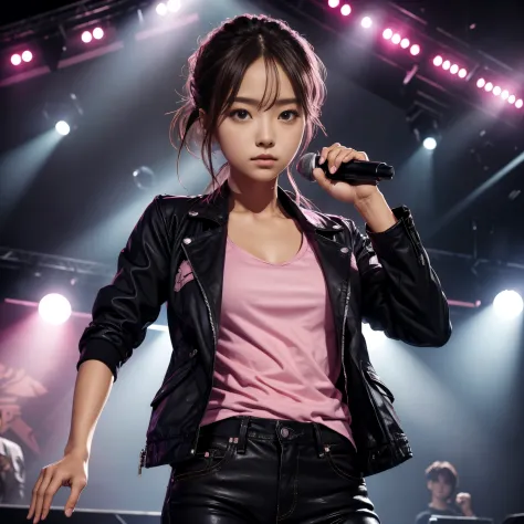 masterpiece, highest quality, 1 girl, upper body, jiro, fine eyes, pink shirt, black jacket, torn clothes, concert, (stage)