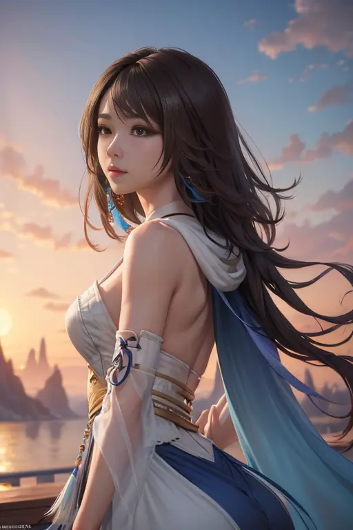 highest image quality，outstanding details，超高分辨率，（fidelity：1.4）, favor the detailinal fantasy x character yuna，cloak, she has a d...