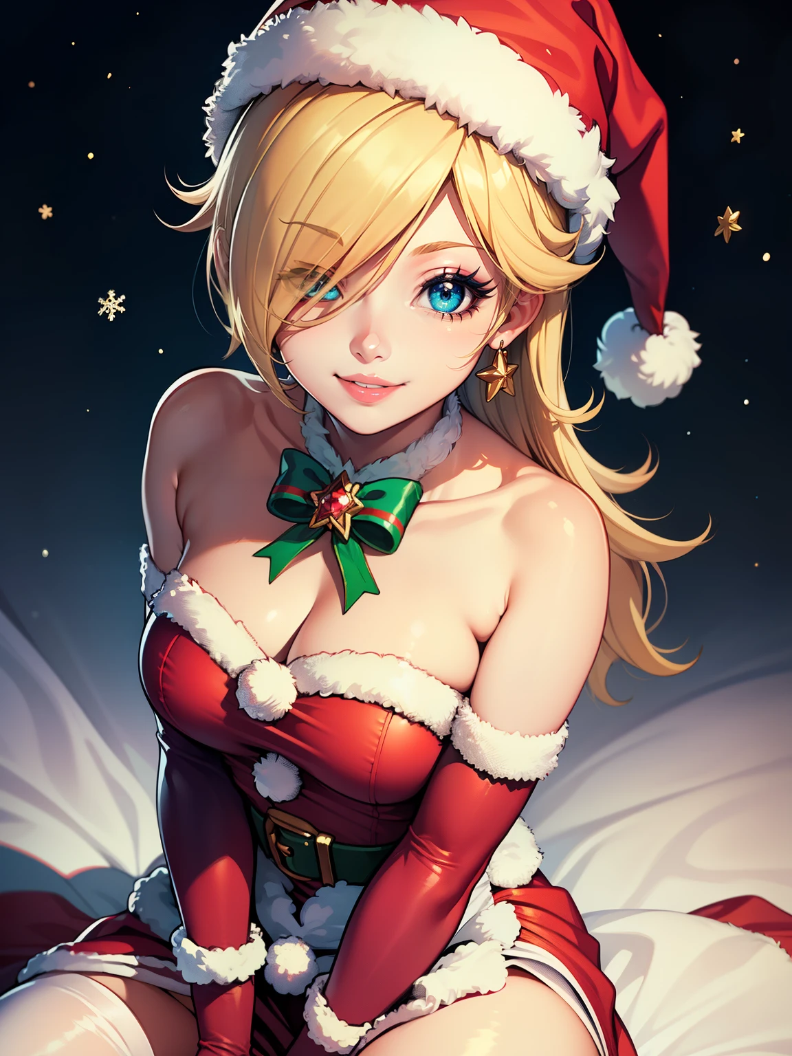 1girl, solo, masterpiece, best quality, high res, highly detailed, (illustration), beautiful detailed eyes, rosalina ,glossy lips, makeup, smile, long white satin elbow gloves, cowboy shot, (santa), red santa dress, santa hat, strapless dress, full body, white elbow gloves