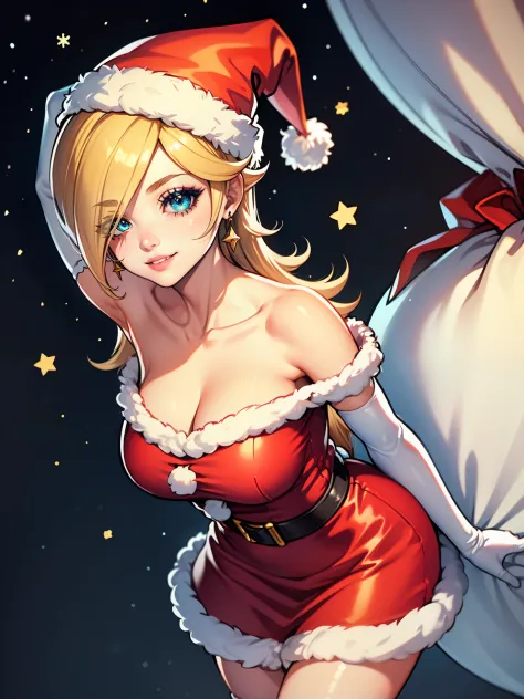 1girl, solo, masterpiece, best quality, high res, highly detailed, (illustration), beautiful detailed eyes, rosalina ,glossy lips, makeup, smile, long white satin elbow gloves, cowboy shot, (santa), red santa dress, santa hat, strapless dress, full body, w...