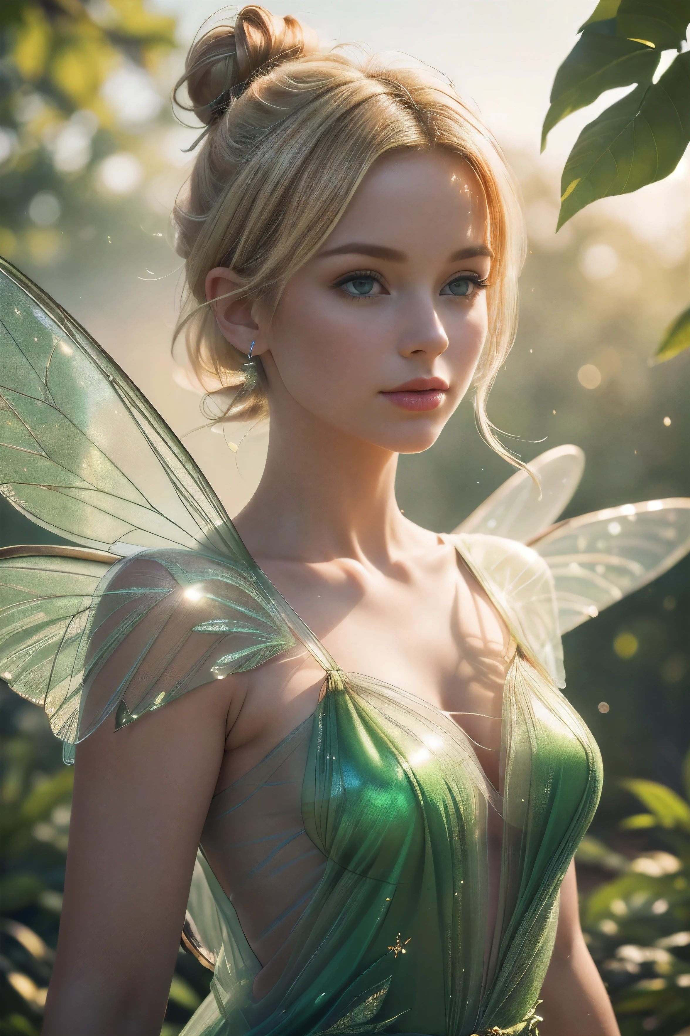 (best quality,4k,8k,highres,masterpiece:1.2),ultra-detailed,(realistic,photorealistic,photo-realistic:1.37),Beautiful Tinkerbell,(blonde hair,bright blonde hair:1.1),(in a bun:1.1),leaf dress,(green leaf dress:1.1),(with delicate patterns:1.1),pixie wings,(gossamer wings,transparent wings:1.1),(shimmering wings:1.1),(with a hint of magic:1.1),(changing colors:1.1