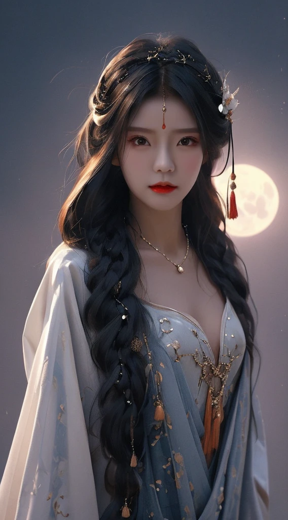 Hanfu，knight， hair accessory，black hair，Cold killer，girl，plum bossom，breeze，tassel，Moonlight，Murderous atmosphere，clean background，beautiful and delicate woman，bust，