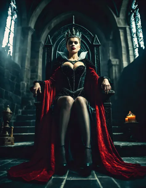 cinematic film still of  sharp detailed cinematic film look of 
Evil Queen a full shot low angle view of a (sexy) woman (legs-spread) dressed in a Evil Queen costume sitting on (glowing) crystal throne in a dark room inside a castle red  in year 1500s 15th...