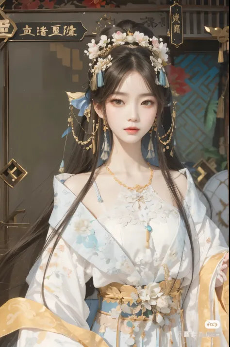 a close up of a woman in a white dress with a tiable, a beautiful fantasy empress, ((a beautiful fantasy empress)), palace ， a g...