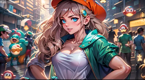 full body portrait of a photo realistic beautiful girl, 1 girl, facing forward, waifu, flowing hair, super mario bros. themed an...