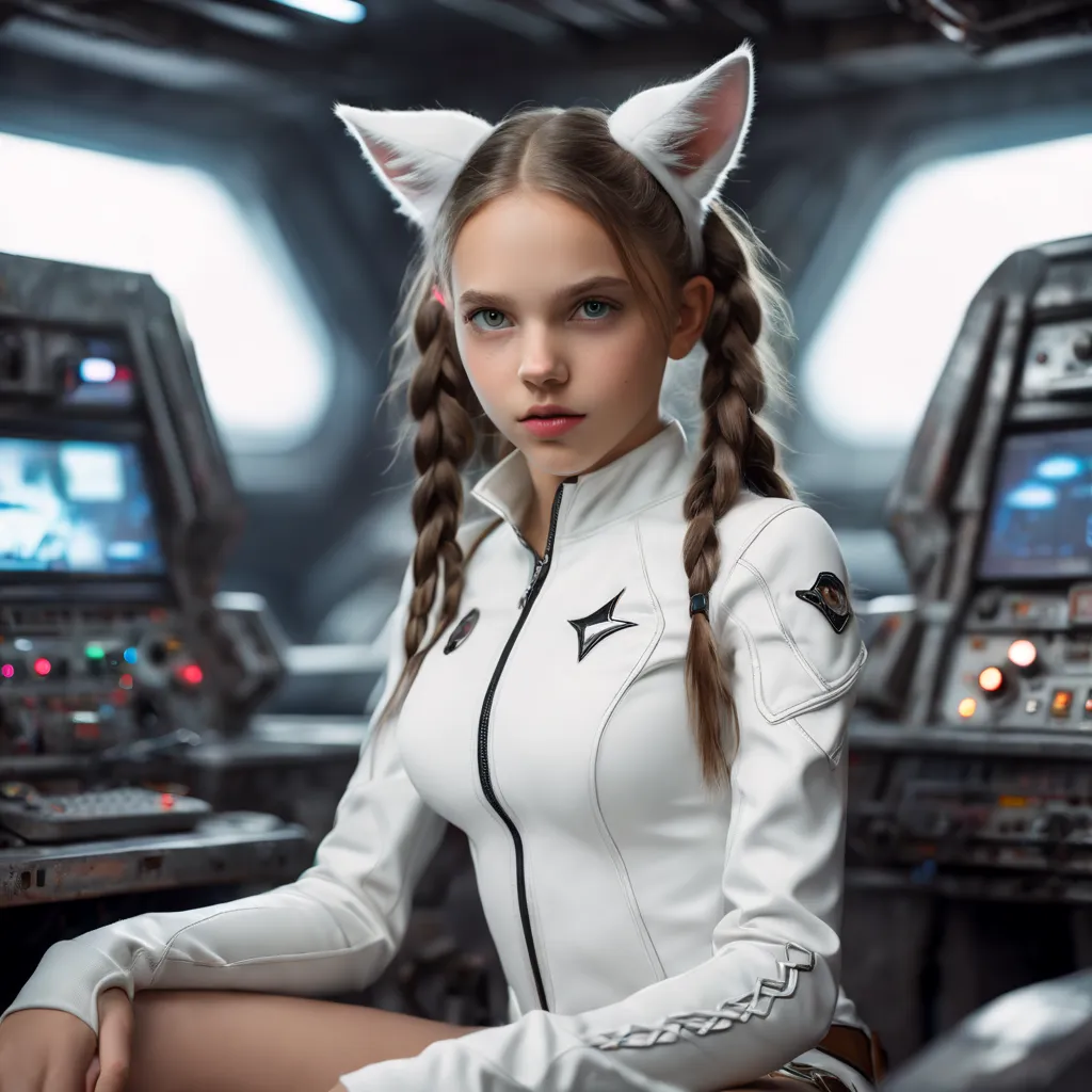 young  girl,  (((white race western european girl ))), sitting on a bed,  in a cyberpunk steel bunker with hatches etc.,  in the...