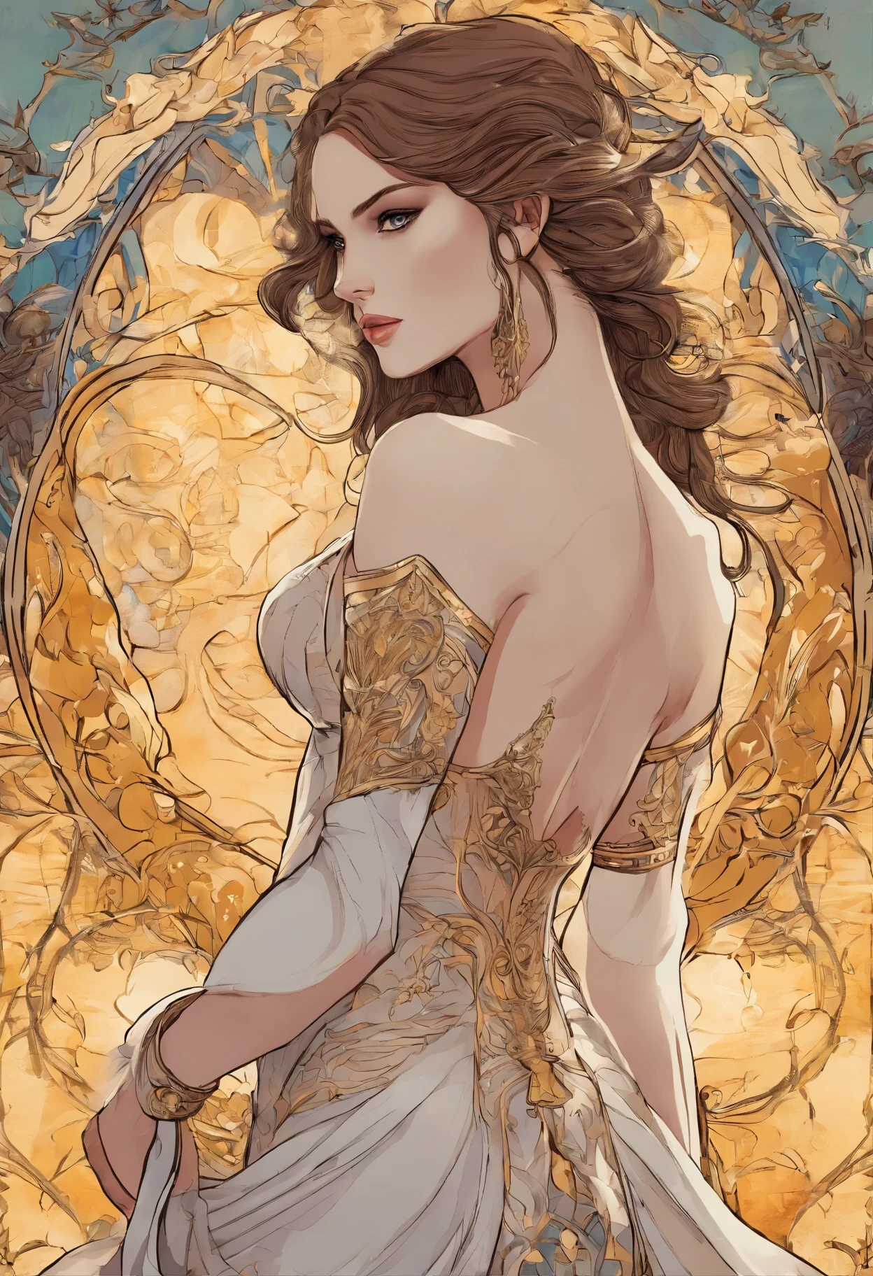 A close up of a woman in a dress with a gold design - SeaArt AI