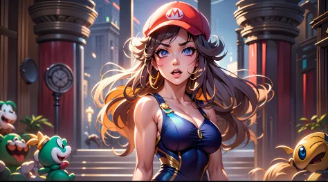 full body portrait of a photo realistic beautiful girl, 1 girl, facing forward, waifu, flowing hair, super mario bros. themed an...