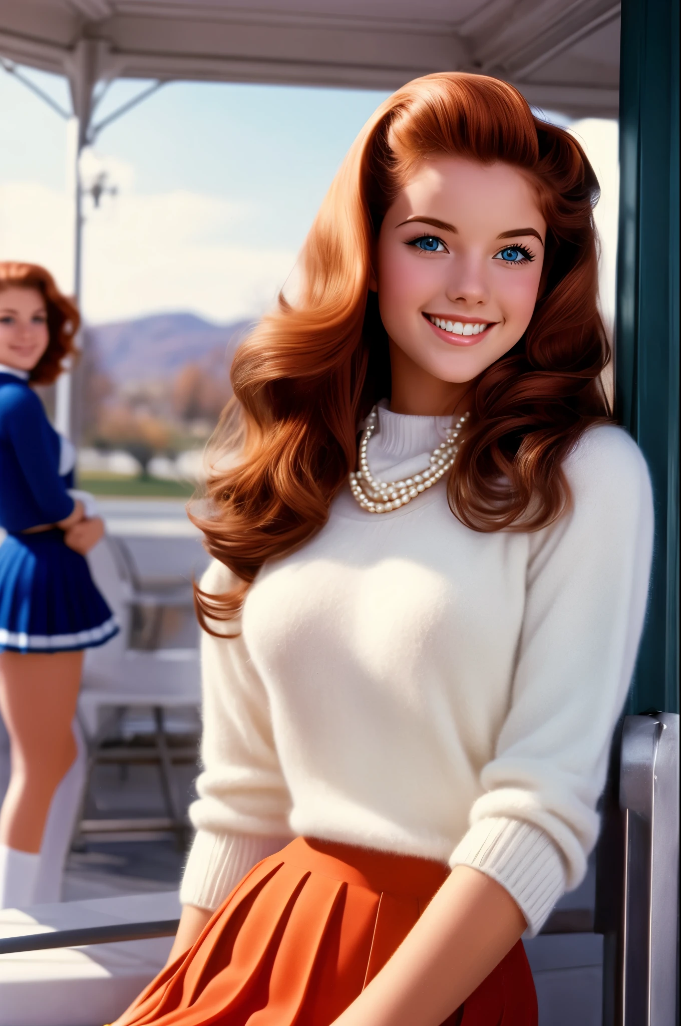  un lycéen de 21 ans,   avec une silhouette de pom-pom girl, cheveux longs auburn, yeux bleu vif, et un sourire radieux, portant un pull en cachemire et des perles