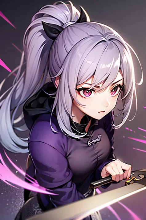 silver hair, chinese style, high ponytail, single ponytail, long jacket, long knife, fleece collar jacket, purple eyes, two-dime...