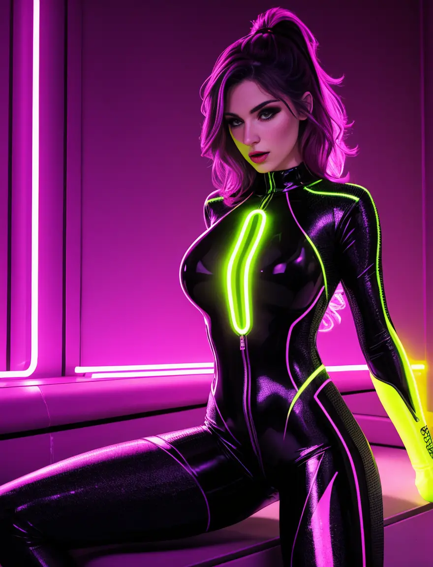 Sexy Woman wearing a Neon glow body suit with detail lines in a dark room.
