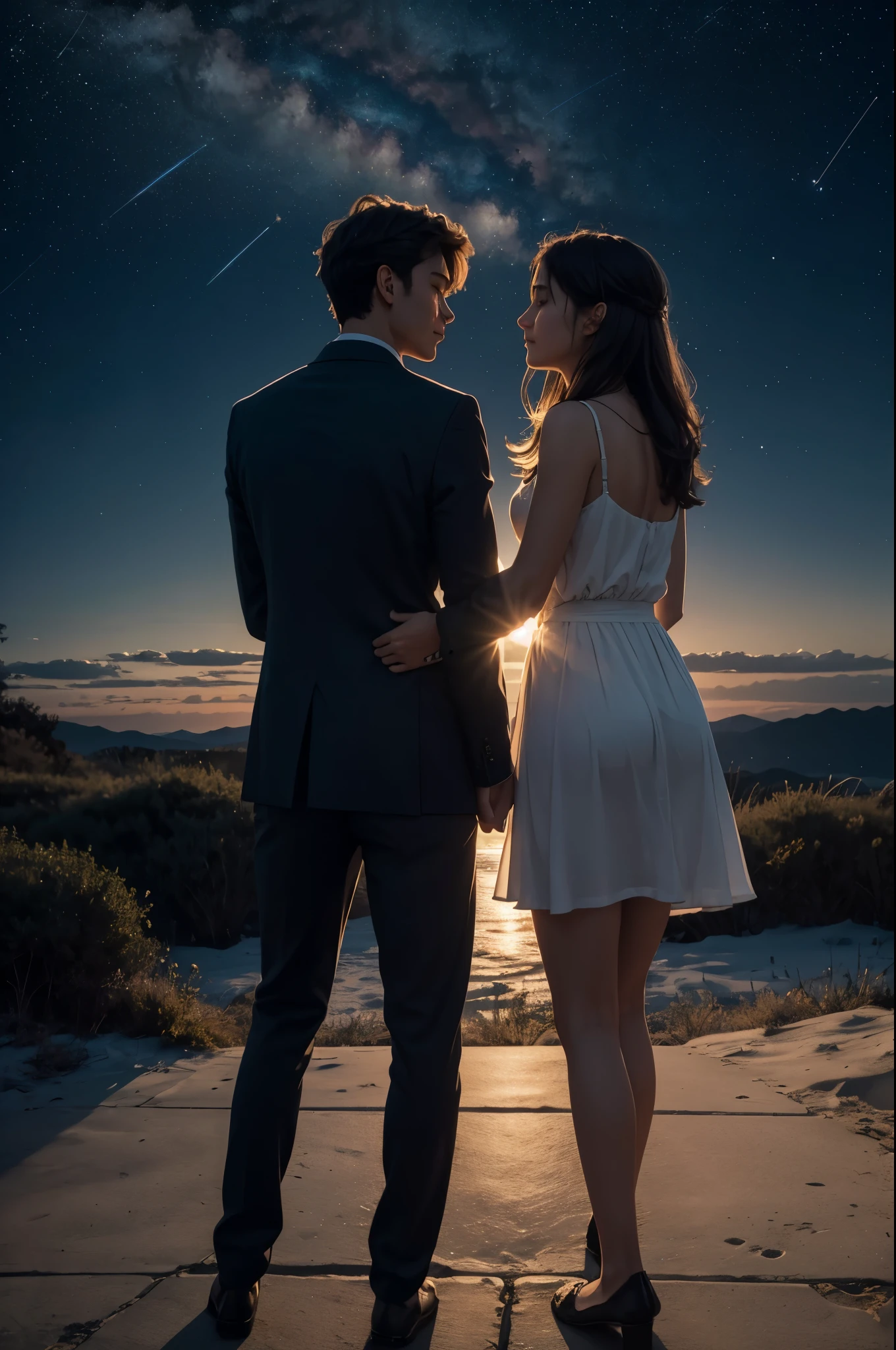 a tranquil night sky adorned with a subtle constellation of stars, embodying the lyrics' intimate connection. In the center, silhouettes of two figures reach towards each other, symbolizing the emotional support described in the song. A gentle glow emanates from them, signifying warmth and gratitude. The transition from night to dawn delicately portrayed at the horizon, capturing the shift from darkness to the soft hues of morning light. Subtle curves and paths suggest the twists and turns of the emotional journey