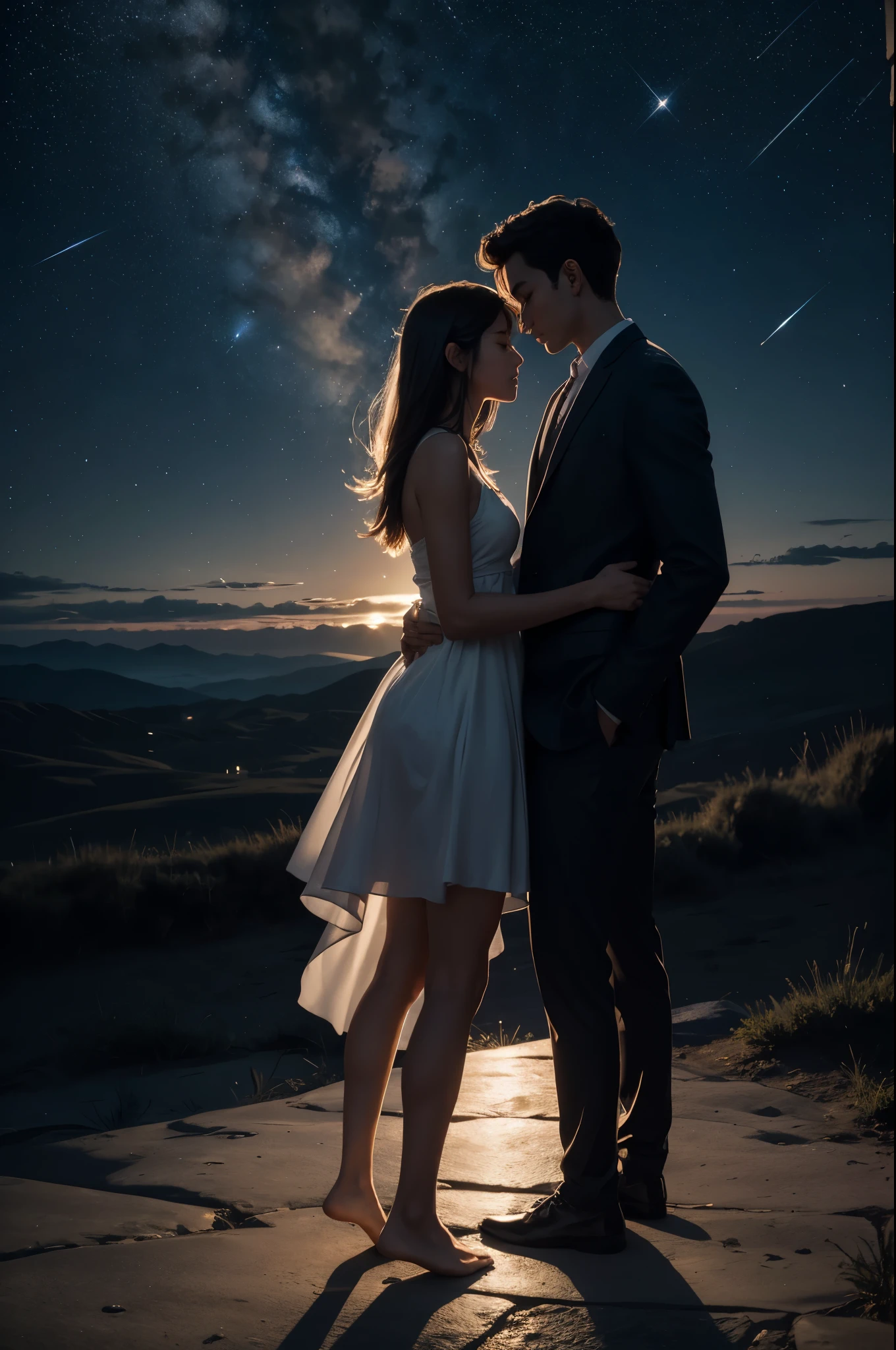 a tranquil night sky adorned with a subtle constellation of stars, embodying the lyrics' intimate connection. In the center, silhouettes of two figures reach towards each other, symbolizing the emotional support described in the song. A gentle glow emanates from them, signifying warmth and gratitude. The transition from night to dawn delicately portrayed at the horizon, capturing the shift from darkness to the soft hues of morning light. Subtle curves and paths suggest the twists and turns of the emotional journey