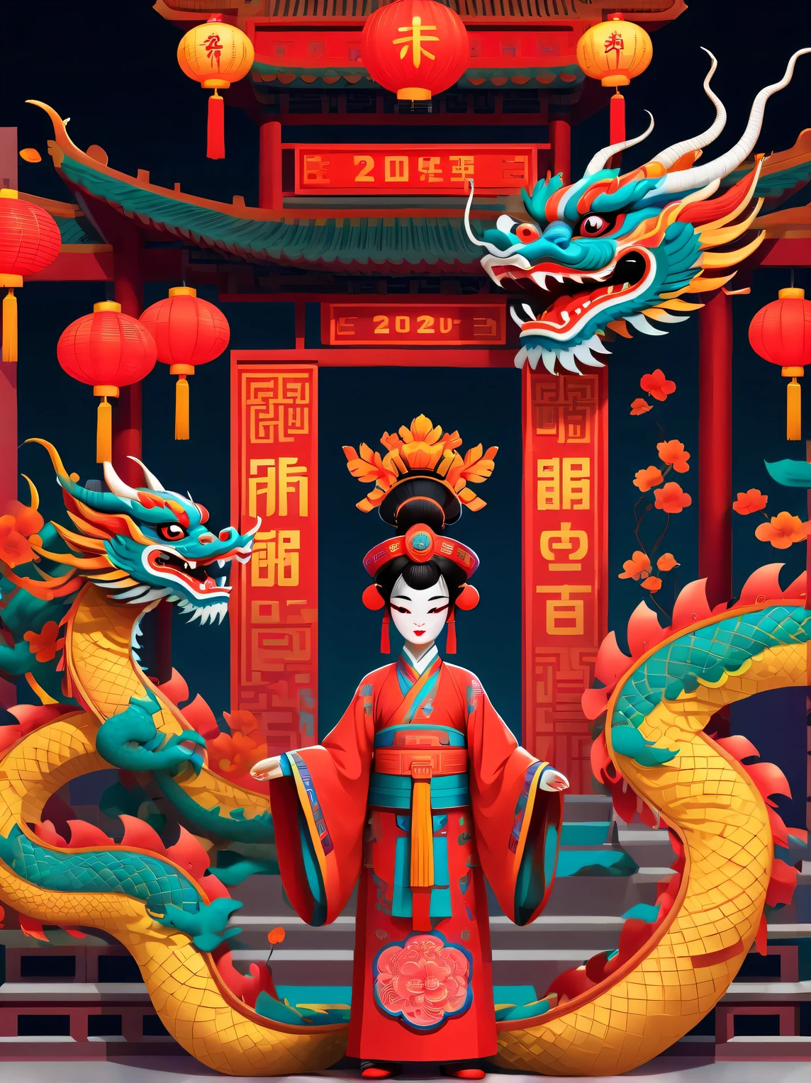 Cyberpunk era style New Year, Happy New Year, neon lights, using symbol planes and flat color blocks to create graphic style illustrations. Two super cute Chinese dragons are depicted against the backdrop of Chinese opera stages and traditional Chinese architecture. Integrating symmetrical geometric patterns, auspicious patterns, and Chinese clothing elements, including headwear patterns. Rendered Maya style illustrations inspired by folk art of flower arrangement. Use bright color combinations, masks, and totems. Make sure you have a white background, beautiful borders, clear contours, and emphasize folk themes.