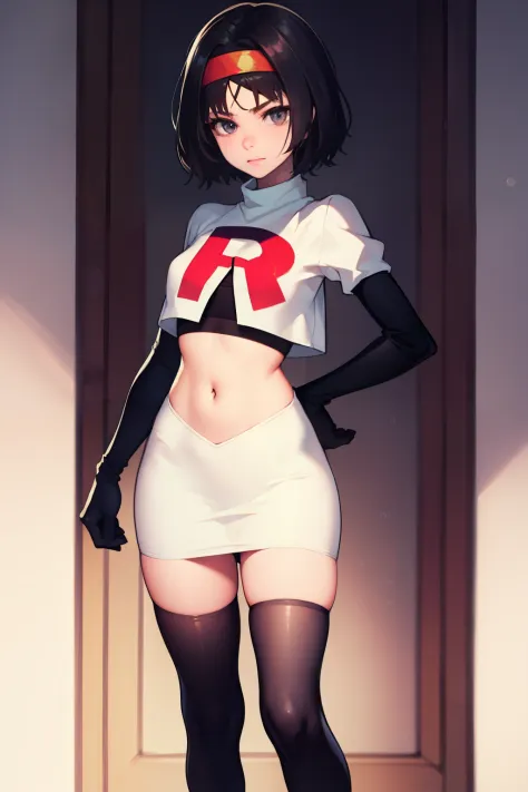 erik, headband, short hair, grey eyes ,team rocket uniform, red letter r, white skirt,white crop top,black thigh-high boots, bla...