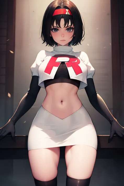 erik, headband, short hair, grey eyes ,team rocket uniform, red letter r, white skirt,white crop top,black thigh-high boots, bla...