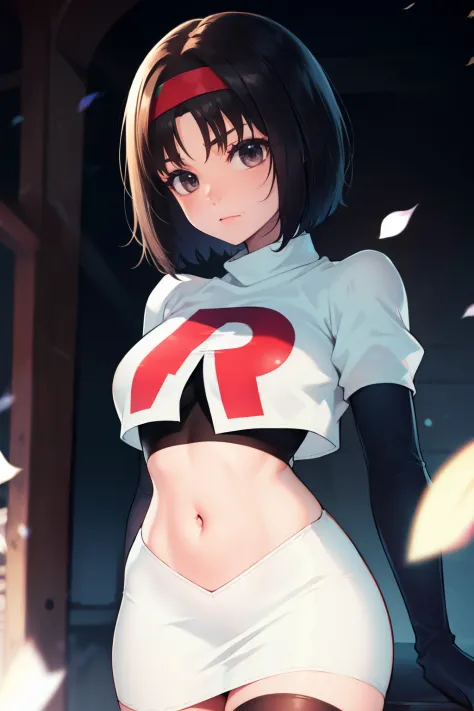 erik, headband, short hair, grey eyes ,team rocket uniform, red letter r, white skirt,white crop top,black thigh-high boots, bla...