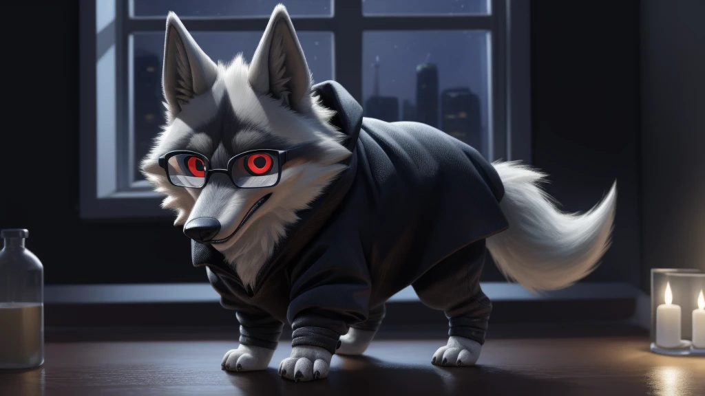 (Death wolf JR) best quality, ultra high res,1furry boy， solo，detailed eyes, volumetric lighting, amazing, finely detail, , black cloak , red eyes, black sclera, bright pupils, full body, night, indoor, chibi A realistic background of San Francisco California and wearing a glasses Looking at the viewer 