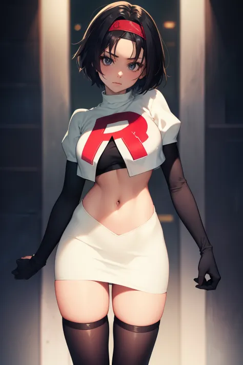 erik, headband, short hair, grey eyes ,team rocket uniform, red letter r, white skirt,white crop top,black thigh-high boots, bla...