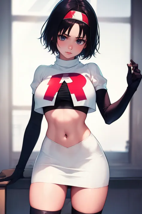 erik, headband, short hair, grey eyes ,team rocket uniform, red letter r, white skirt,white crop top,black thigh-high boots, bla...