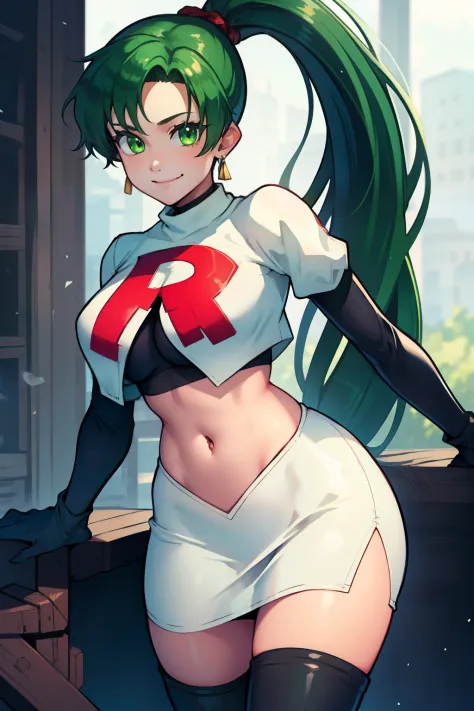 lyn, ponytail, green eyes, green hair, earrings ,team rocket uniform, red letter R, white skirt,white crop top,black thigh-high boots, black elbow gloves, evil smile, looking at viewer, cowboy shot, 