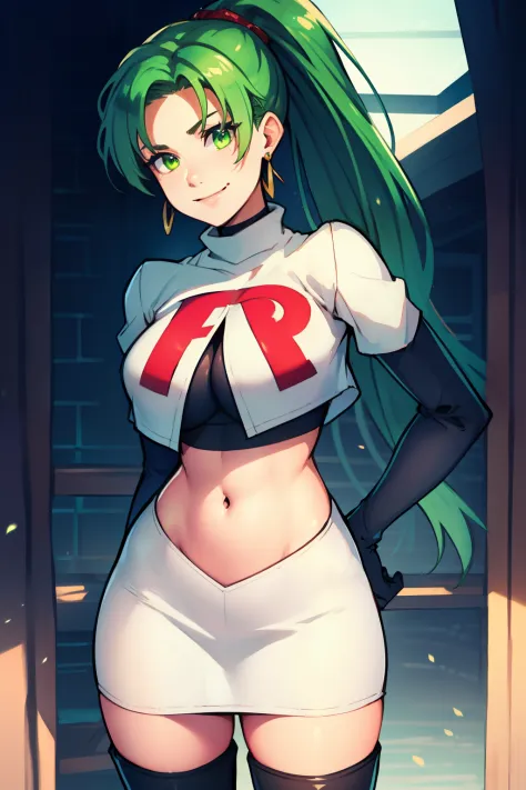 lyn, ponytail, green eyes, green hair, earrings ,team rocket uniform, red letter r, white skirt,white crop top,black thigh-high ...