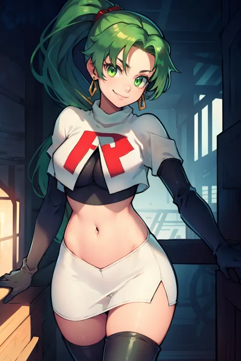 lyn, ponytail, green eyes, green hair, earrings ,team rocket uniform, red letter r, white skirt,white crop top,black thigh-high ...