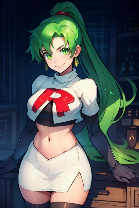 lyn, ponytail, green eyes, green hair, earrings ,team rocket uniform, red letter r, white skirt,white crop top,black thigh-high ...