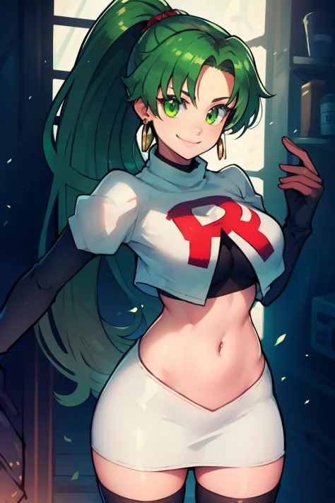 lyn, ponytail, green eyes, green hair, earrings ,team rocket uniform, red letter r, white skirt,white crop top,black thigh-high ...