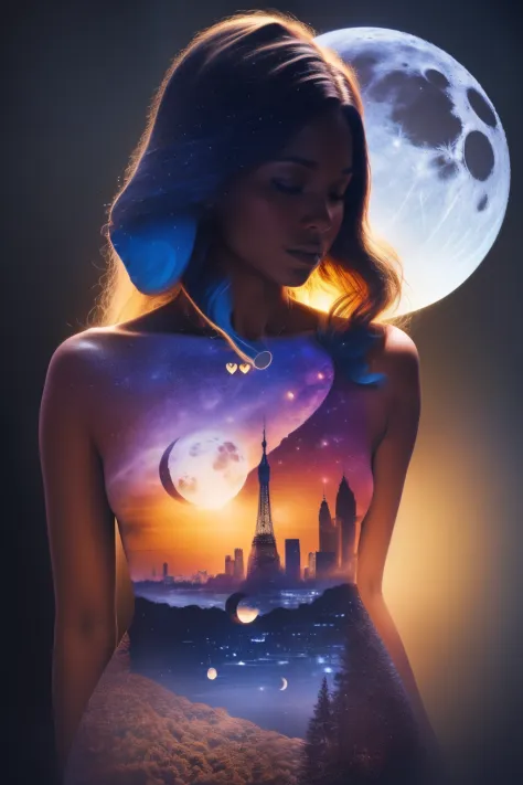 Photorealistic illustration of a Solo African American girl with dark skin ((a solo heart-shaped moon on her chest)), closed eyes, darken silhouette, heavenly city and starry night by Vincent Van Gogh, 
Bokeh, gradient black and blue color background, uhd,...