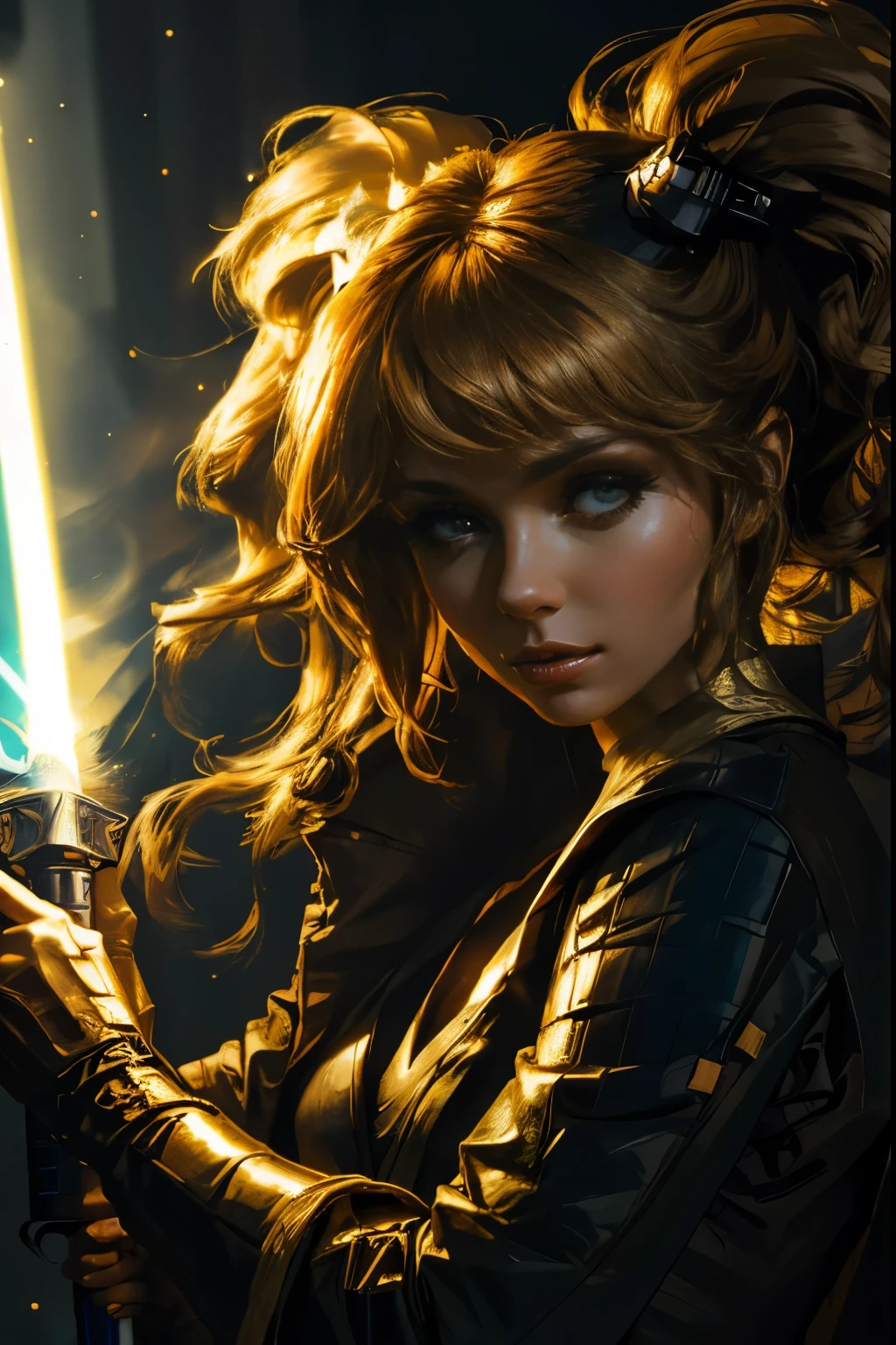 "(melhor qualidade,alta resolução),cavaleiro jedi feminino sexy,lindos olhos detalhados,roupão bronzeado claro para cílios longos,segurando um sabre de luz,retratos,Fundo de Star Wars,cores vivas,iluminação de estúdio"