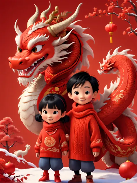 A lovely and humanized red big Chinese dragon and a little Chinese boy and girl, Pixar style, both wearing human red sweaters, wearing a red big wool scarf around their necks, doing the same congratulatory action, big red background, very festive, Chinese ...