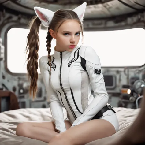 young  girl,  (((white race western european girl ))), sitting on a bed,  in a cyberpunk steel bunker with hatches etc.,  in the...