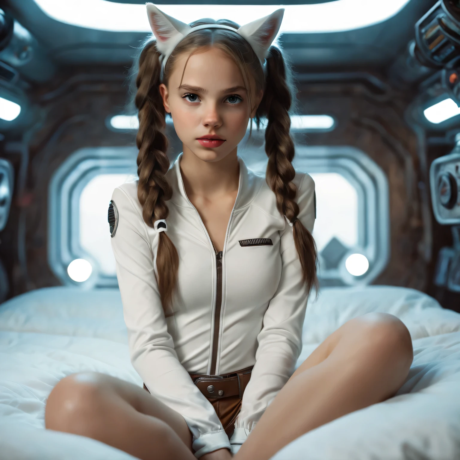 Young  girl,  (((White Race Western European girl ))), sitting on a bed,  in a cyberpunk steel bunker with hatches etc.,  in the background. she  wearing white cats ears. She has twintail hairstyle. 13 years old girl,  slim ,  small girl,  beautiful breasts.  Masterpiece,  8k,  4k,  high resolution,  dslr,  ultra quality,  sharp focus,  tack sharp,  dof,  film grain,  Fujifilm XT3,  crystal clear,  8K UHD,  highly detailed eyes,  high detailed skin,  skin pores,  seductive,   look,  bewitching lady with beautiful long hair,  brown eyes,  full lips,  long legs,  lovely face wearing torn vaultsuit clothes. , realistic colors, realistic, natalee, photorealistic, (((WHITE race Western,GIRL)))