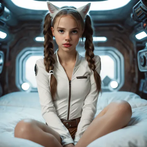 Young  girl,  (((White Race Western European girl ))), sitting on a bed,  in a cyberpunk steel bunker with hatches etc.,  in the...