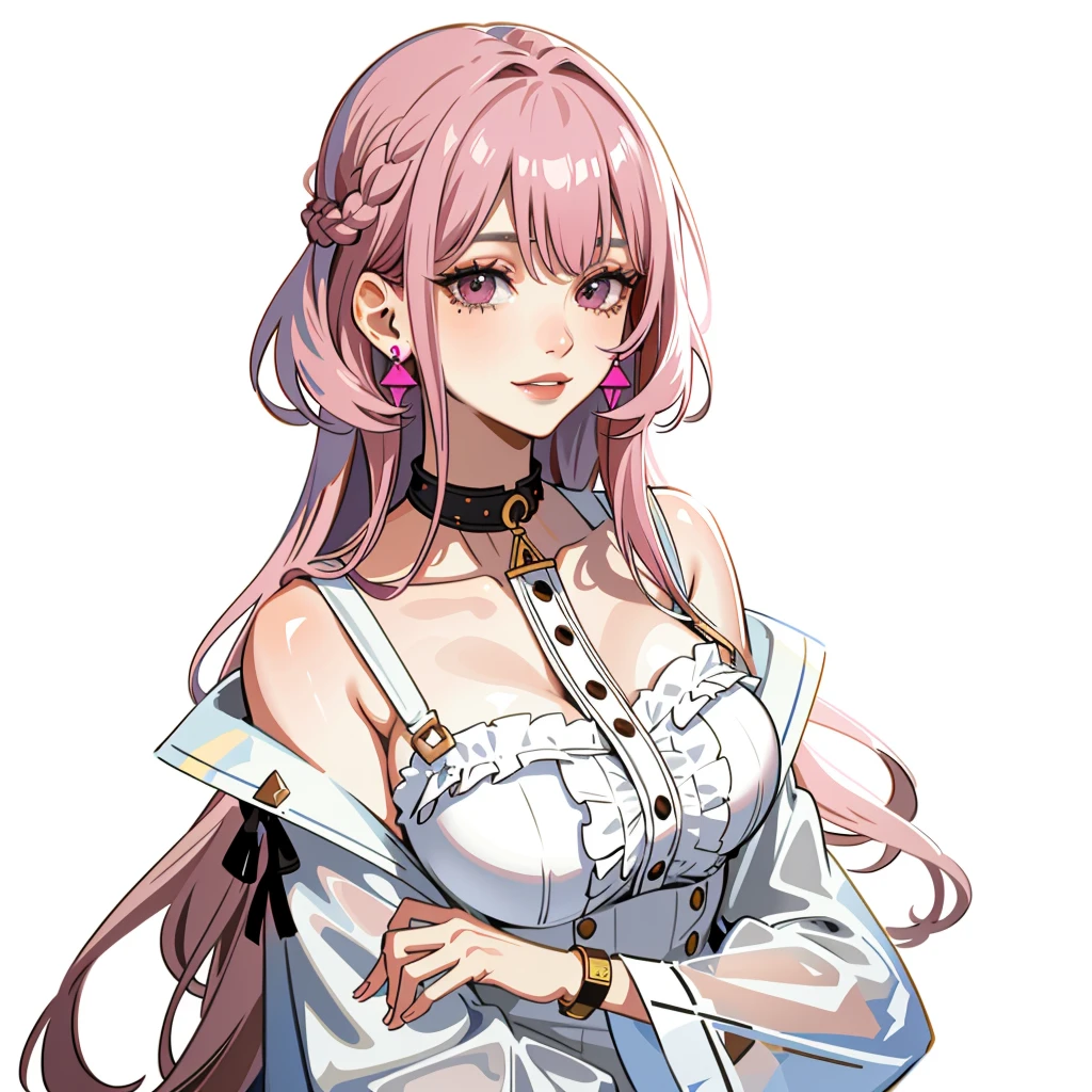 1 girl, solo, pink hair, brown eyes, double-parted bangs, crown braid, long hair, (mature female, mature:1.2), (pixiv:1.4), high quality, mole under eye, white strap dress, earrings, choker, lipstick, big bust, bright smile, happy, looking at camera, simple background