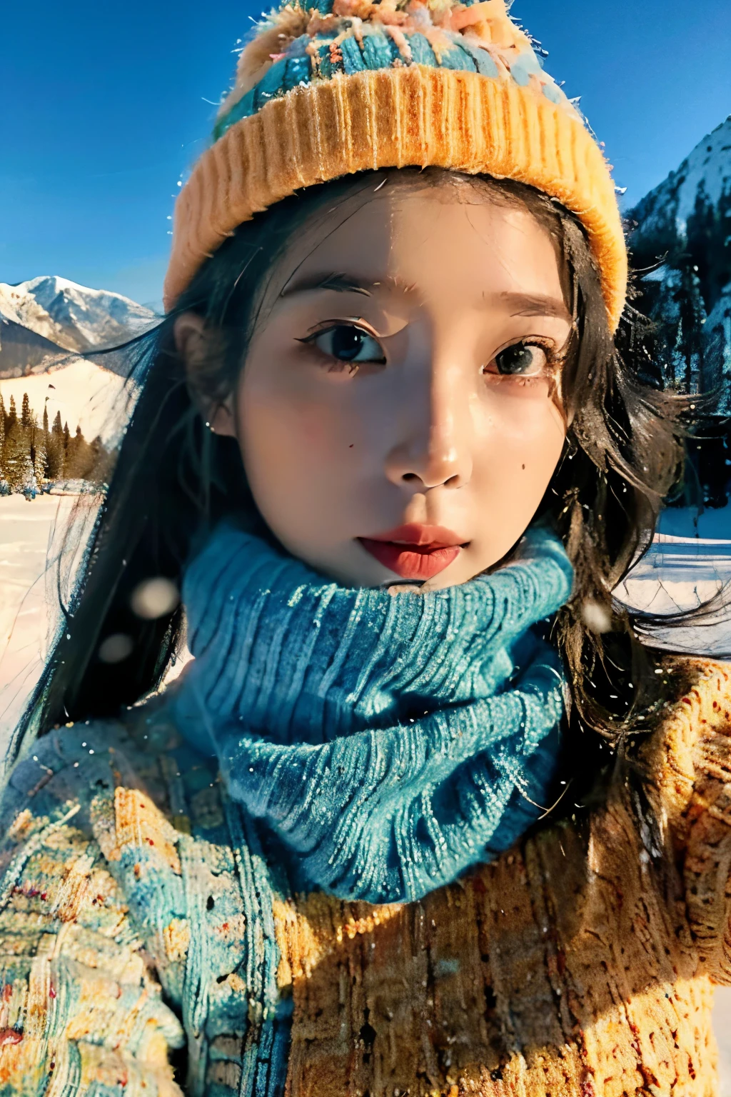 Retrato de uma jovem mulher com chapéu de malha na neve tirando uma selfie, no estilo de vistas montanhosas, azul-marinho e laranja claro, vibrante, vivaz, elegante, rostos emotivos, viagem, características faciais claras, Lente de 35 mm, Iluminação de destaque, Iluminação global