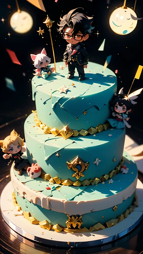 boys，wearing glasseirthday Cake，There are cute dolls on the cake