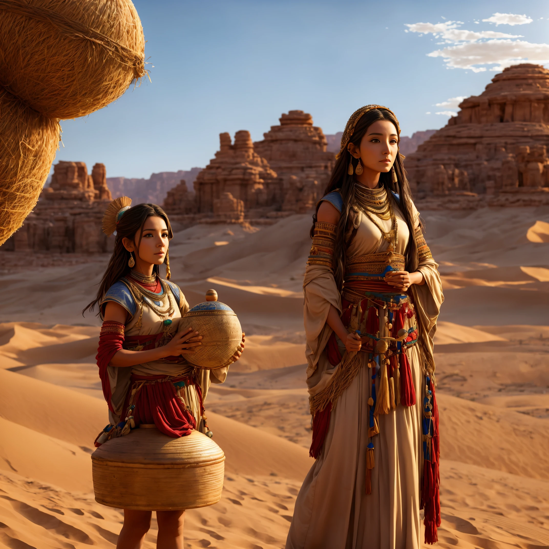 Arafi woman in traditional costume holding small drum in desert, Young woman in shamanic costume, Girl with a sphere, movie「Silk Road」Scenery of, Beautiful Youth, portrait shot, Ancient Princess Reeve, The vanishing line of the desert is under the waist of a woman, The sky is clear and clear.  