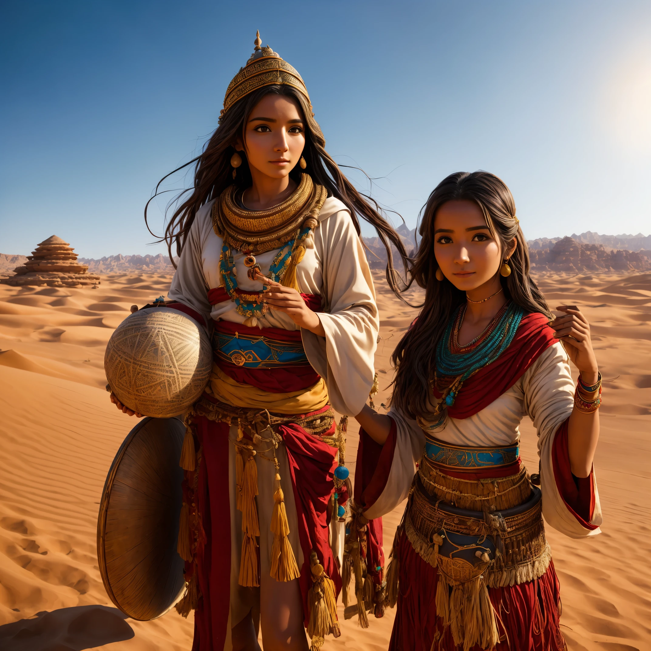 穿著傳統服裝的阿拉菲婦女在沙漠中拿著小鼓, 薩滿教服裝的年輕女子, 有球體的女孩, 電影「絲路」風景, 美麗的青春, 肖像拍攝, 古代麗芙公主, 沙漠的消失線在女人的腰下, 天空晴朗晴朗.  