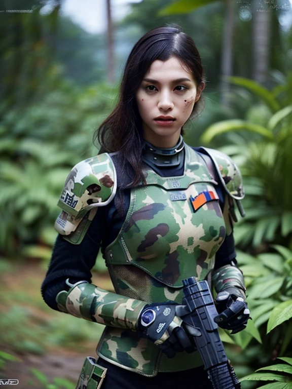 extremely detailed CG unity 16K wallpaper, (raw photography, cyberpunk:1.3), science fiction, (photorealistic, highest quality, masterpiece:1.2), ultra-detailliert, HDR, (correct anatomy:1.5), POV, (from front:1.4), 1 girl, ((female soldier with mechanize body:1.5)), solo, ((cowboy shot:1.1)), black hair, ponytail, fairly detailed skin, tan, realistic and bright eyes, highly detailed nose and lips, expressionless, ((camouflaged body armor:1.4)), perfect body proportion, (slender, medium breast:1.5), ((highly mechanized body armor:1.5)), ((holding 1 blaster rifle:1.4)), intricately detailed face, ultra-detailed skin texture, professional photo, professional lighting, sharp focus, depth of field, best aesthetic, (((outdoor, jungle, noon, battlefield:1.5)))