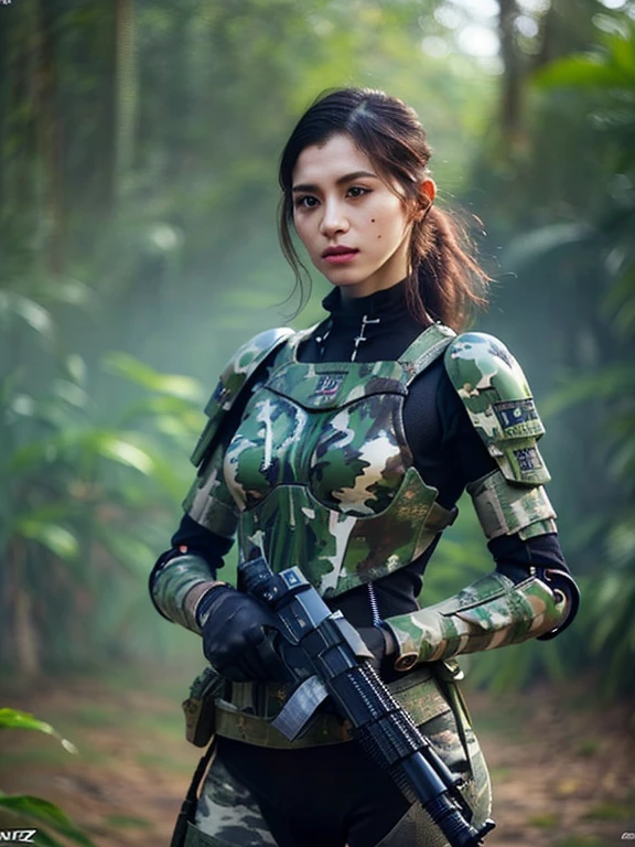 extremely detailed CG unity 16K wallpaper, (raw photography, cyberpunk:1.3), science fiction, (photorealistic, highest quality, masterpiece:1.2), ultra-detailliert, HDR, (correct anatomy:1.5), POV, (from front:1.4), 1 girl, ((female soldier with mechanize body:1.5)), solo, ((cowboy shot:1.1)), black hair, ponytail, fairly detailed skin, tan, realistic and bright eyes, highly detailed nose and lips, expressionless, ((camouflaged body armor:1.4)), perfect body proportion, (slender, medium breast:1.5), ((highly mechanized body armor:1.5)), ((holding 1 blaster rifle:1.4)), intricately detailed face, ultra-detailed skin texture, professional photo, professional lighting, sharp focus, depth of field, best aesthetic, (((outdoor, jungle, noon, battlefield:1.5)))