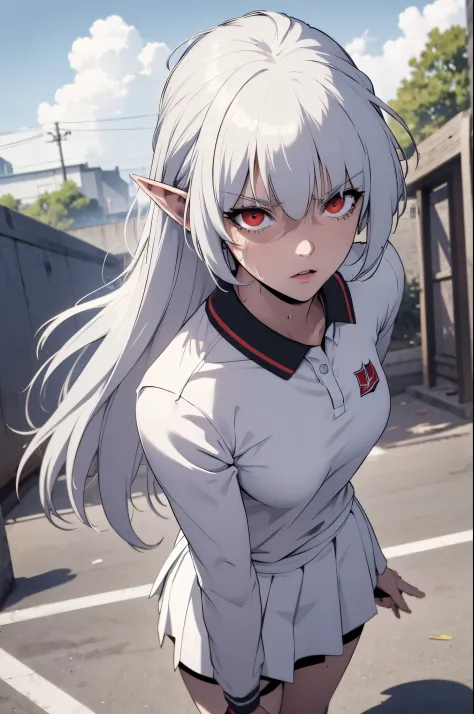 alice,vampire,grey hair, long hair, red eyes, pointy ears, small breasts,1girl, solo, white polo shirt, white sneakers, tennis w...