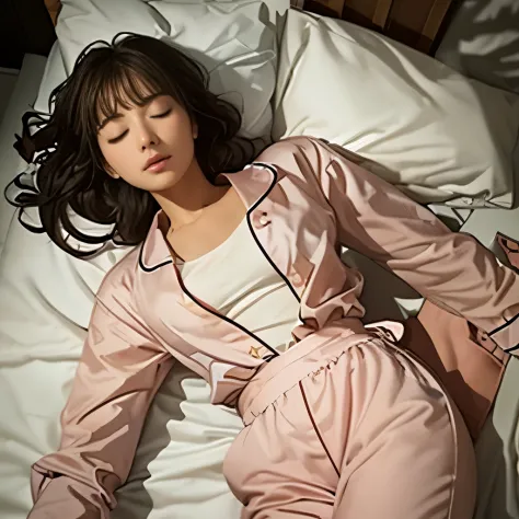 sleeping girl, 22 years ago, realistic, she is wearing long pants, she is wearing pink pajama, brown hair.
