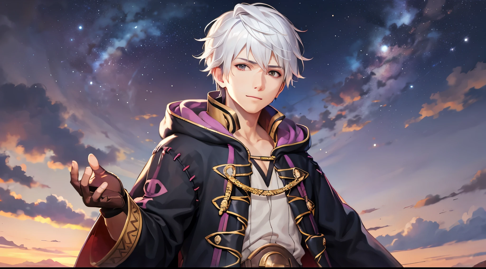 simple background, Solo, Neat features, white hair, male focus, 1 boy, gentle smile, looking at viewer, one hand outstretched, hood, brown eyes, robe, pants, gloves, desert, moonlight